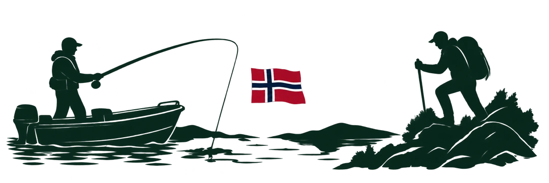 Angler im Motorboot links und ein nach links zur norwegischen Flagge blickender Wanderer im Fjell rechts