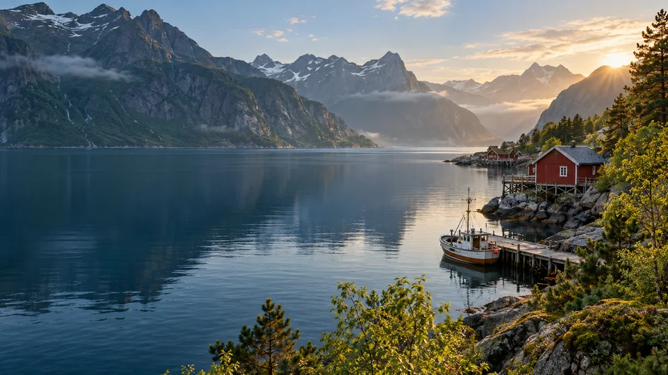Fjord, Fischerboot und rote Hütte in Norwegen
