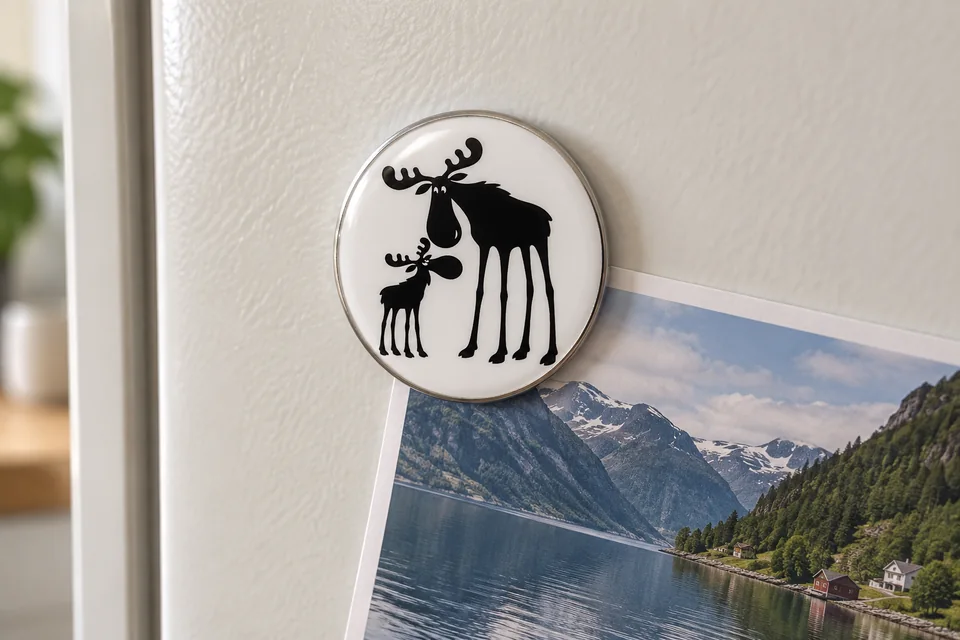 Runder weißer Magnet mit schwarzer Elchfamilie hält ein Urlaubsfoto am Kühlschrank