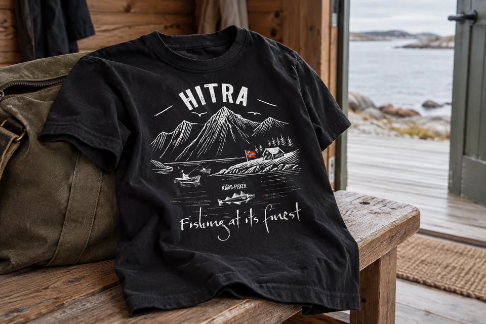 Schwarzes Hitra-Shirt aus der Serie Fishing at its finest auf einer Reisetasche in der Ferienhütte