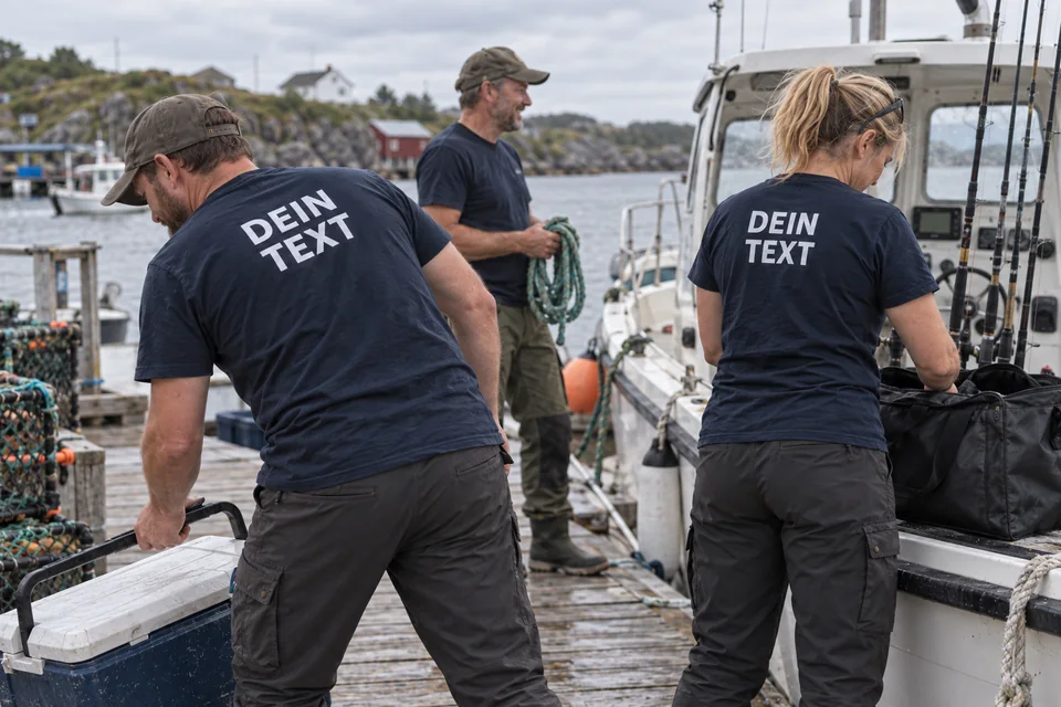 Drei Freunde bereiten ihre Angelausrüstung am Boot vor; auf ihren navyfarbenen Shirts steht DEIN TEXT
