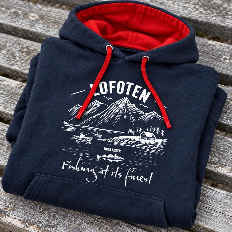 Nahaufnahme eines navy-roten Lofoten-Hoodies auf einer grauen Bank