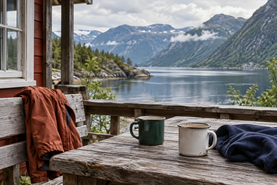 Norwegen-Stimmungsbild: Kaffeetassen und eine Jacke auf einer Hüttenterrasse am Fjord